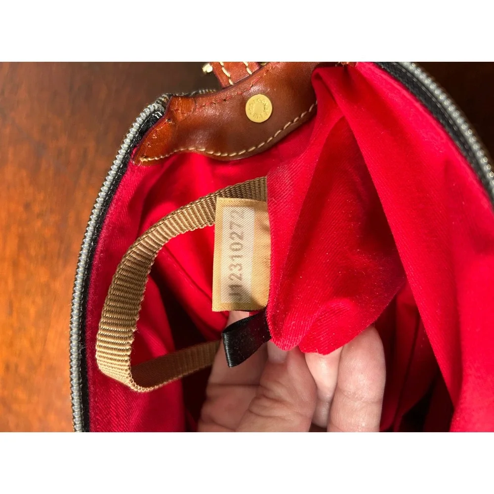 Dooney & Bourke Monogram Plaid Satchel Bag Leather Trim Cognac Gray